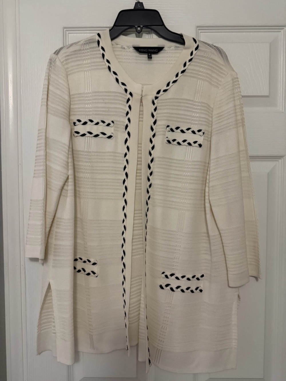 Ming Wang White Cardigan Coat with Black Trim